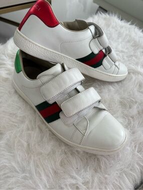 White Leather Gucci  Velcro Sneakers with Red & Green Accents 7